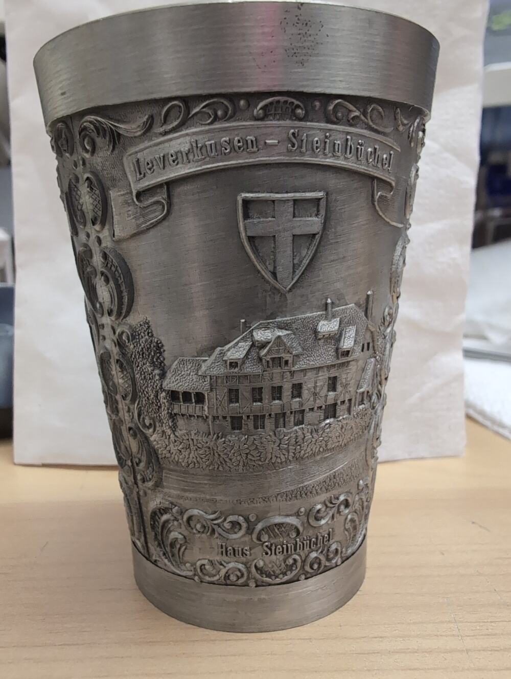 Vintage German Pewter Cup Leverkusen Wilhelm Dopatka Halle Zinnbecher Relief 3¾"